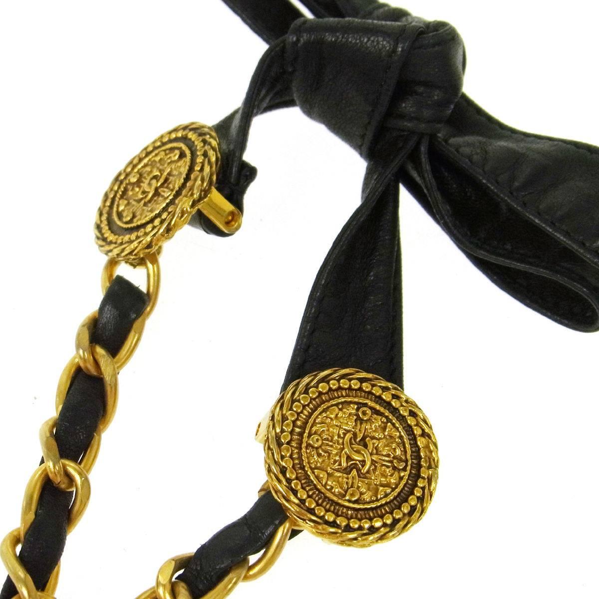 Black Chanel Vintage Gold Leather Chain Coin Charm Drape Tie Back Belt / Necklace