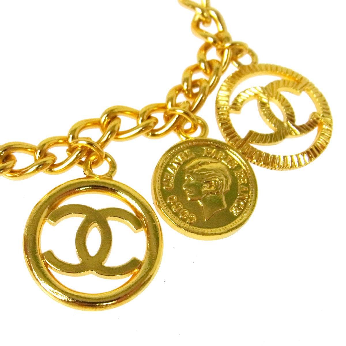 Chanel Vintage Gold Coin Charm Link Evening Cuff Bracelet In Good Condition In Chicago, IL