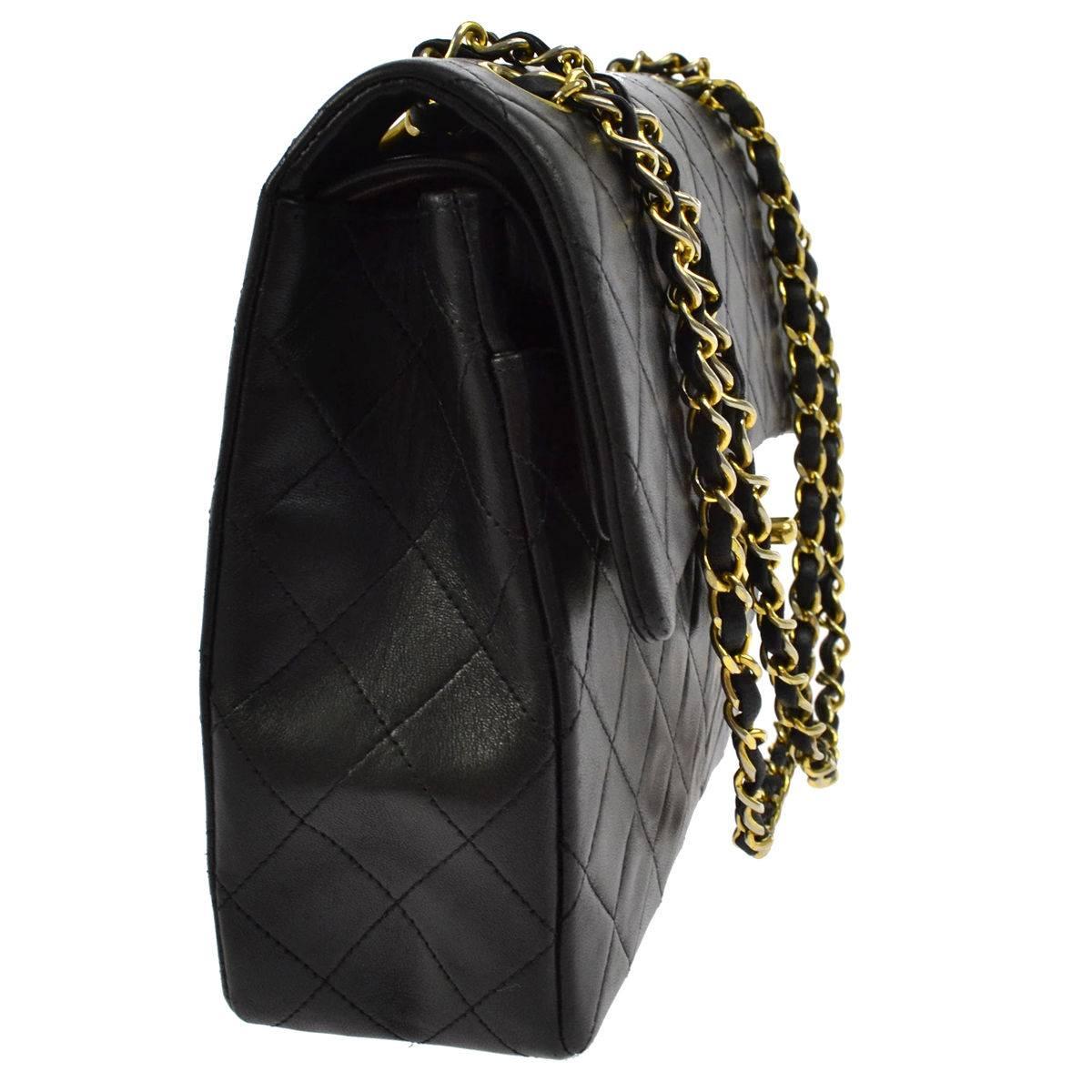 Women's Chanel Vintage Black Lambskin Quilted Evening Double Flap Shoulder Bag W / Card