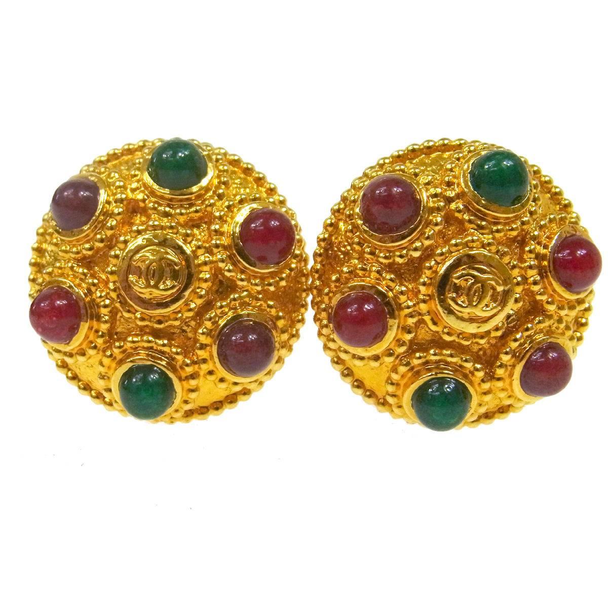 Chanel Vintage Gold Multi Color Gripoix Evening Charm Stud Earrings