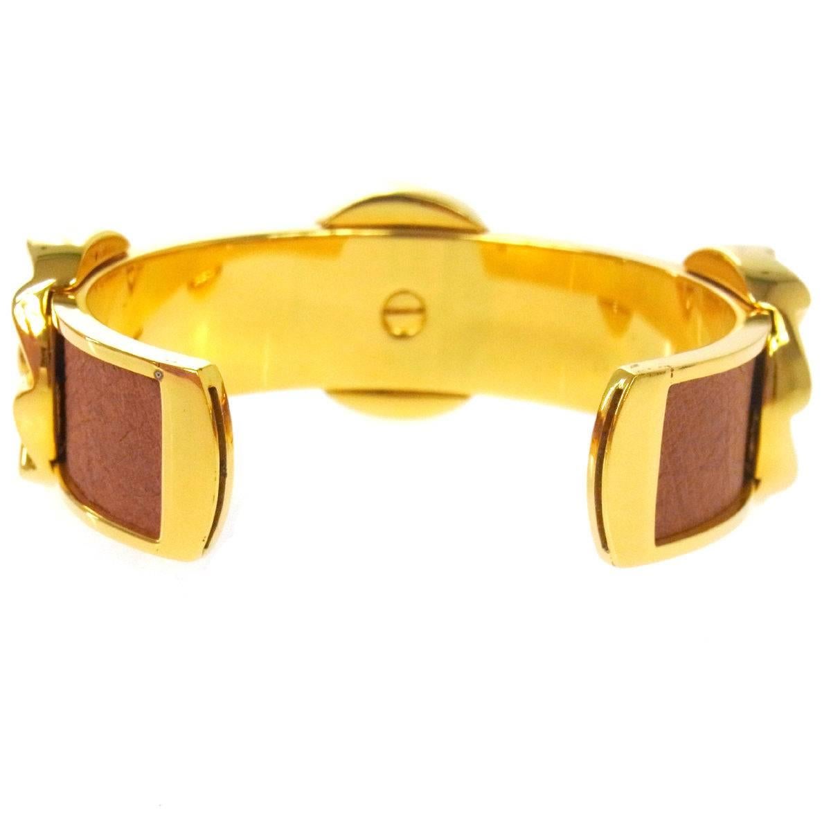 Women's Hermes Cognac Tan Leather Gold Flower Charm Evening Cuff Bracelet in Box