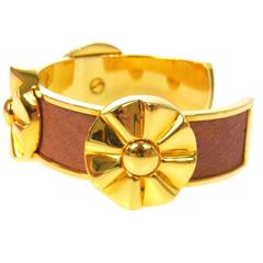 Hermes Cognac Tan Leather Gold Flower Charm Evening Cuff Bracelet in Box