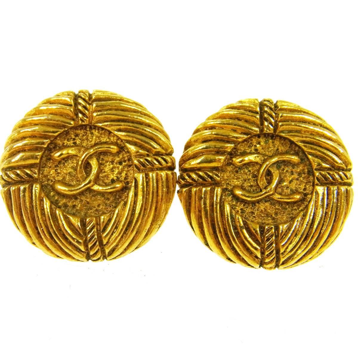 Chanel Vintage Gold Textured Stud Evening Earrings