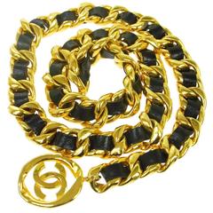 Vintage Chanel Black Gold Leather Large Coin Charm Waist Belt