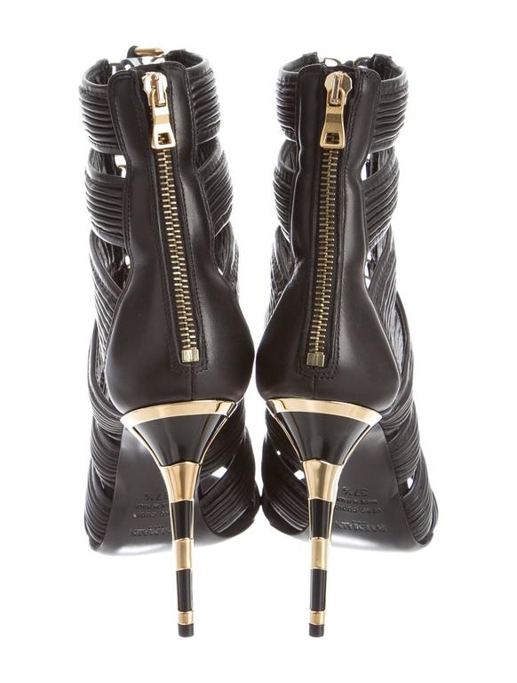 Balmain NEW and SOLD OUT Runway Black Leather Lace Up Gold Heels in Box