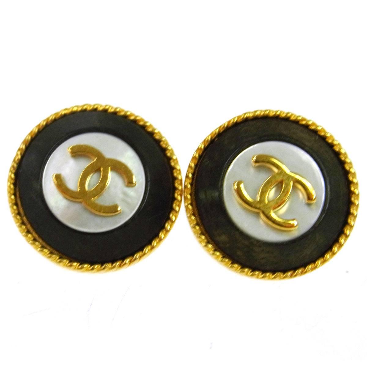 Chanel Vintage Gold Black Enamel Evening Charm Stud Earrings
