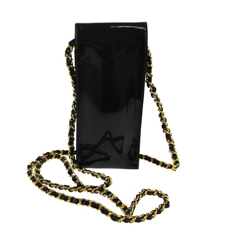 Chanel Black Patent Leather Cell Phone Carryall Case Shoulder Crossbody