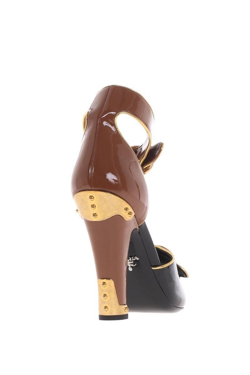Women's Prada NEW & SOLD OUT Black Cognac Gold Metal Patent Buckle Heels in Box