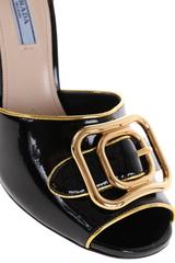 Prada NEW & SOLD OUT Black Cognac Gold Metal Patent Buckle Heels in Box