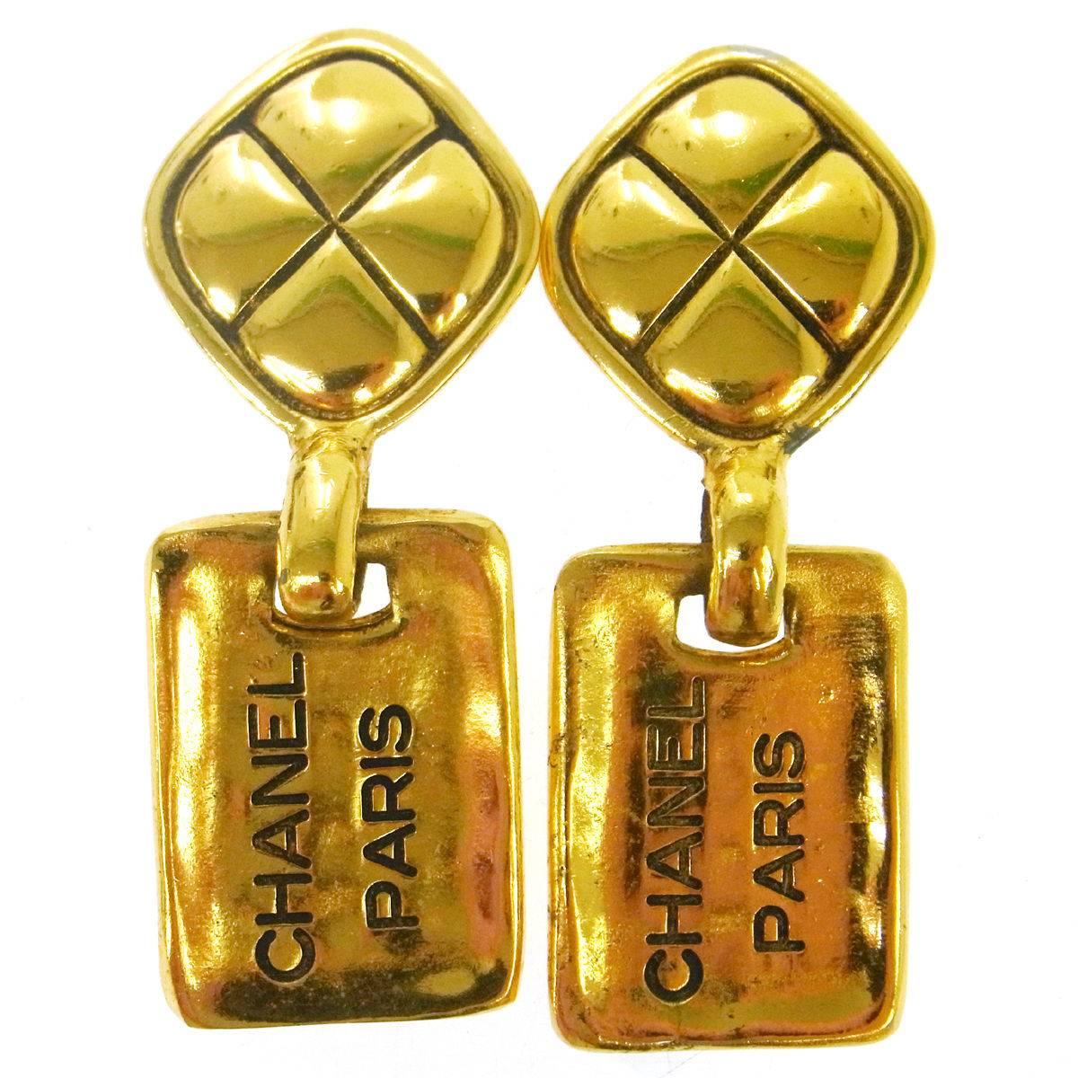 Chanel Vintage Gold Chanel Paris Dangle Drop Evening Earrings