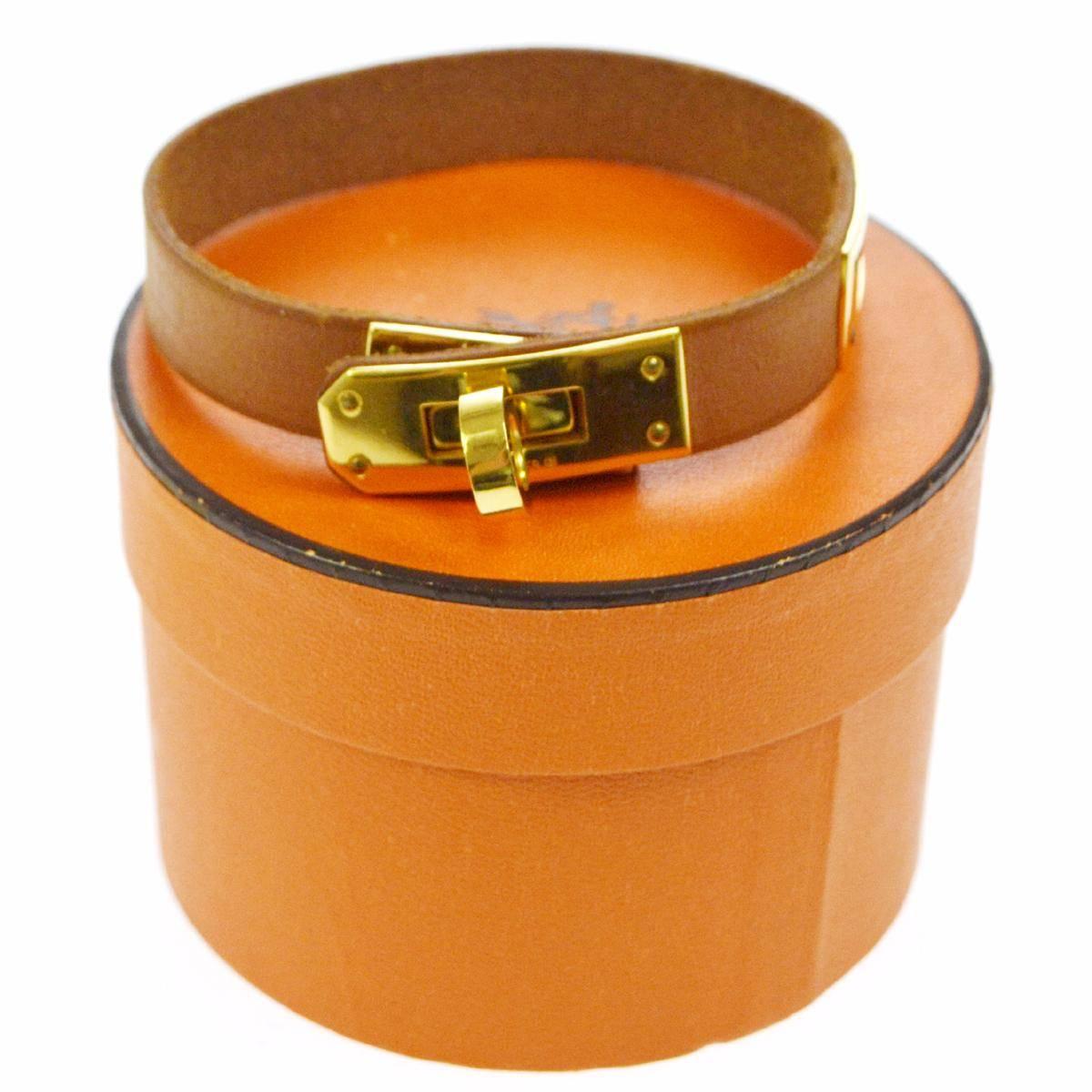 Hermes Cognac Leather Gold Cuff Bracelet in Box In Good Condition In Chicago, IL