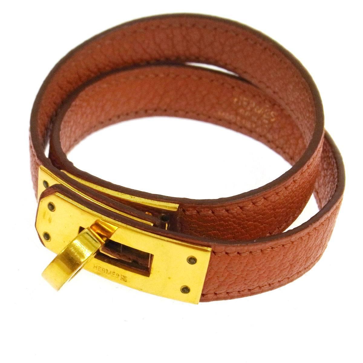 Hermes Leather Gold Double Tour Kelly Men's Women's Cuff Bracelet