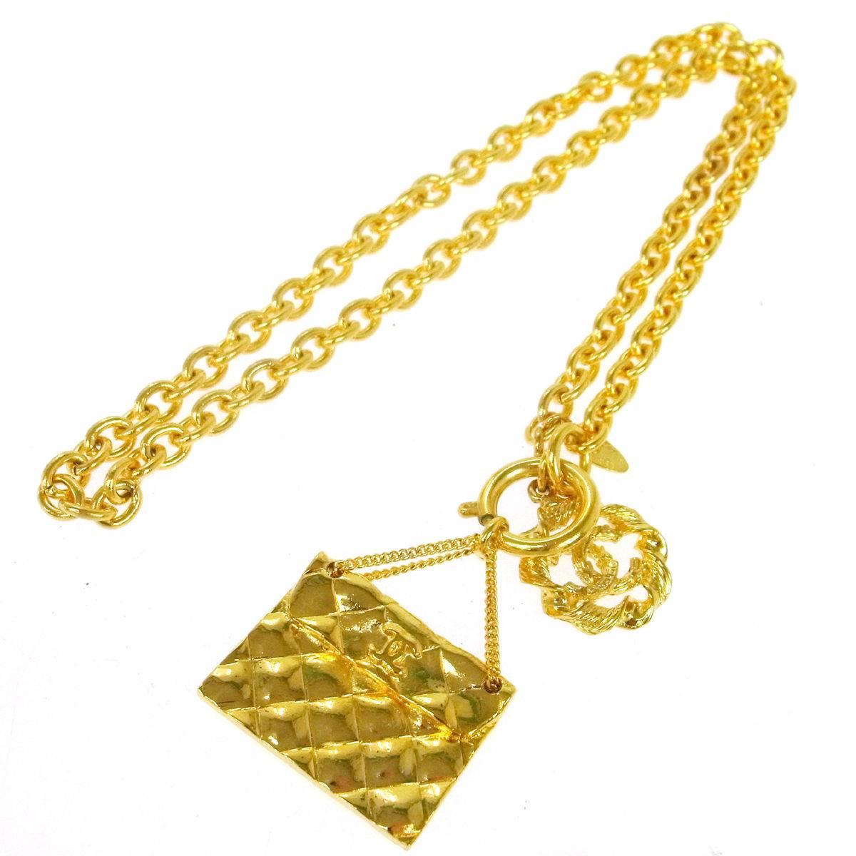 Chanel Vintage Gold Flap Bag Charm Chain Necklace
