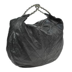 Vintage Chanel Black Leather Large Carryall Travel Top Handle Tote Bag