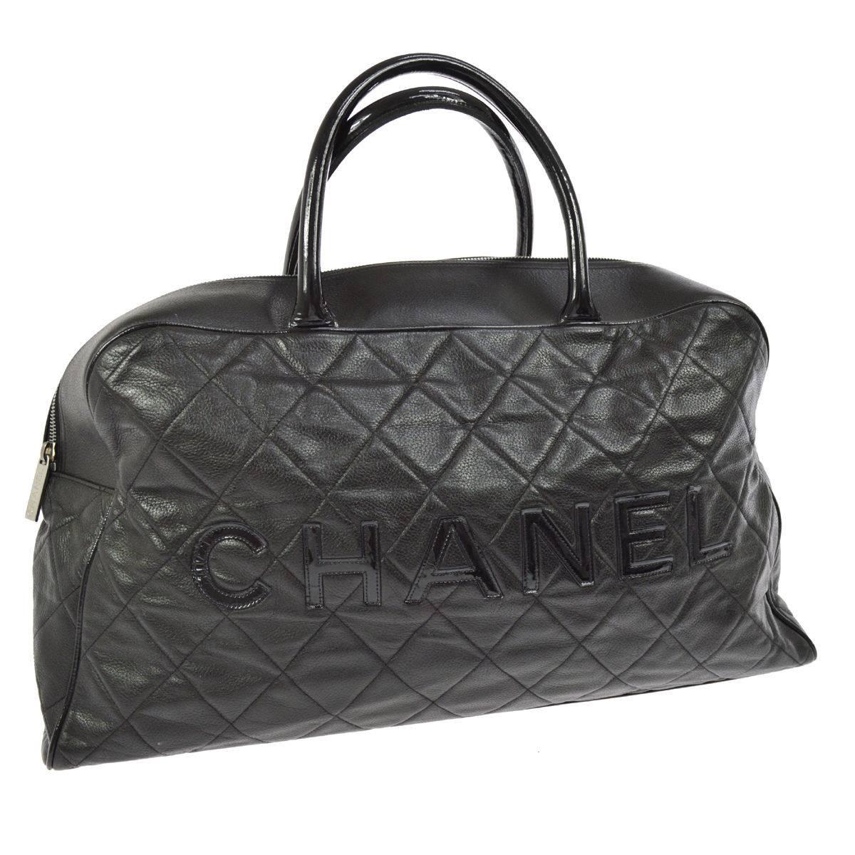 Chanel Black Leather Men
s Women
s Travel Bowling Duffle Top Handle Tote Bag