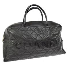 Vintage Chanel Black Leather Men's Women's Travel Bowling Duffle Top Handle Tote Bag