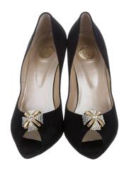Versace NEW Black Suede Gold Crystal Bow Open Toe Heels in Box