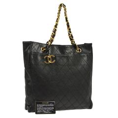 Chanel Vintage Black Leather Quilted Carryall Shopper Tote Shoulder Bag