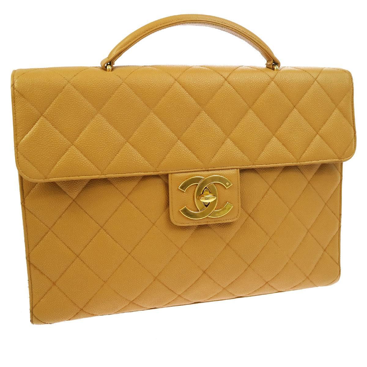 Chanel Nude Tan Caviar Leather Quilted Men's Women's Briefcase Top Handle Bag