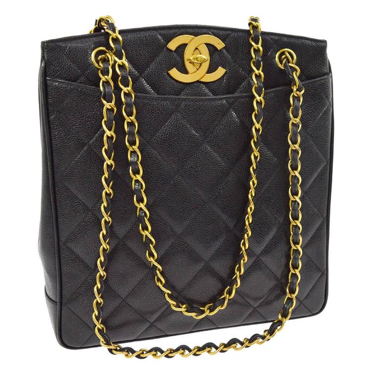 Chanel Rare Black Caviar Quilted Gold Shopper Carryall Tote Shoulder