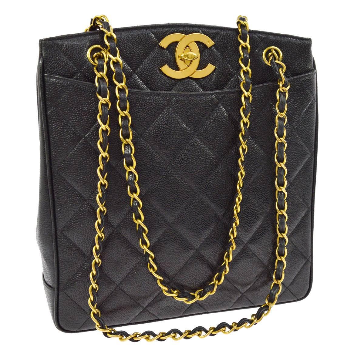 Chanel Rare Black Caviar Quilted Gold Shopper Carryall Tote Shoulder Bag