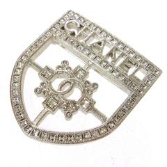 Chanel Rare CURRENT Silver Crystal Crest Shield Pendant Brooch in Box