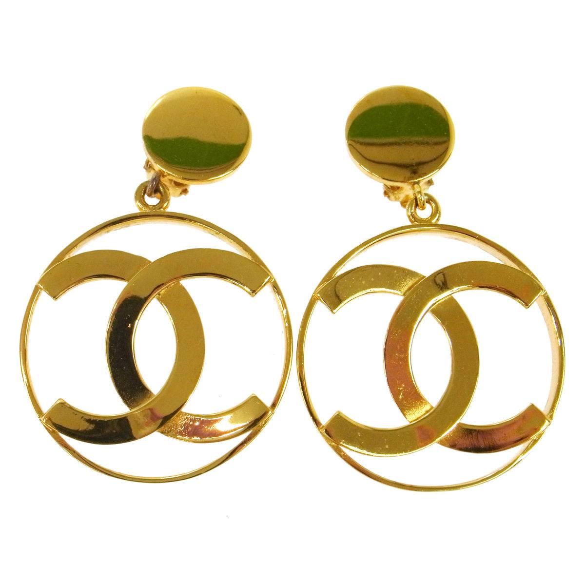 Chanel Rare Gold Oversize Doorknocker Charm Long Drape Drop Evening Earrings 