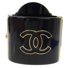 Chanel Rare Black Gold Rue Cambon Wide Evening Cuff Charm Bracelet 4
