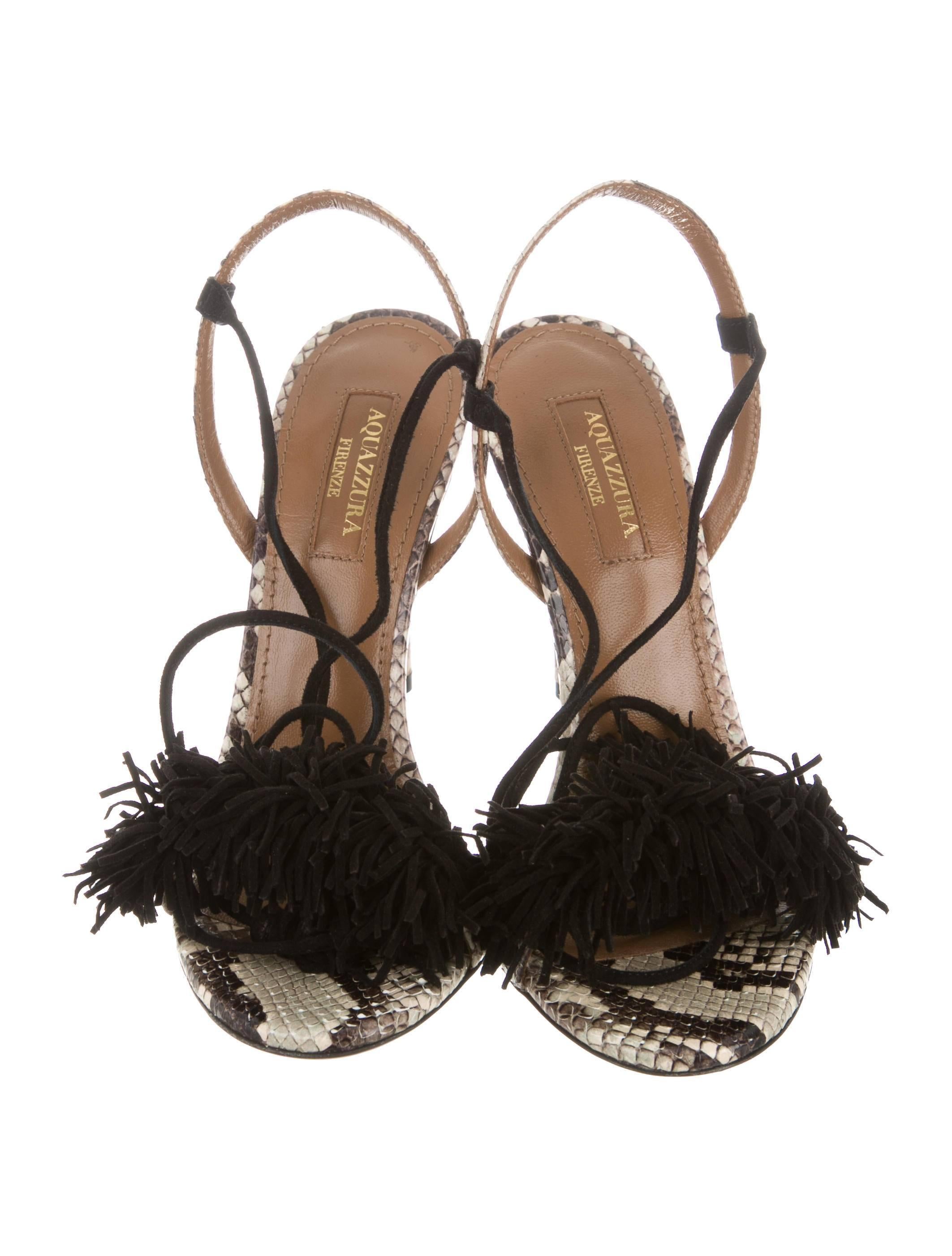 Women's Aquazzura NEW & SOLD OUT Black Leather Suede Pom Pom Sandals Heels
