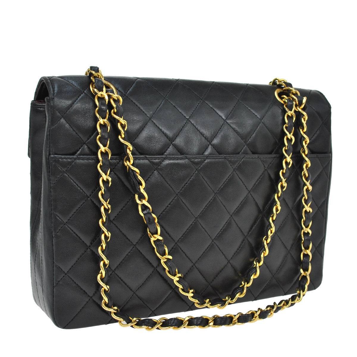 Black Chanel Vintage Lambskin Single Double Strap Evening Flap Shoulder Bag