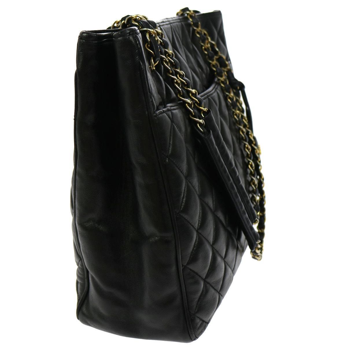 Women's Chanel Vintage Black Lambskin Carryall Large Travel Shopper Tote Shoulder Bag