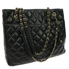 Chanel Vintage Black Lambskin Carryall Large Travel Shopper Tote Shoulder Bag
