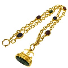 Vintage Chanel Multi Gripoix Gold Charm Pendant Link Evening Drape Necklace in Box