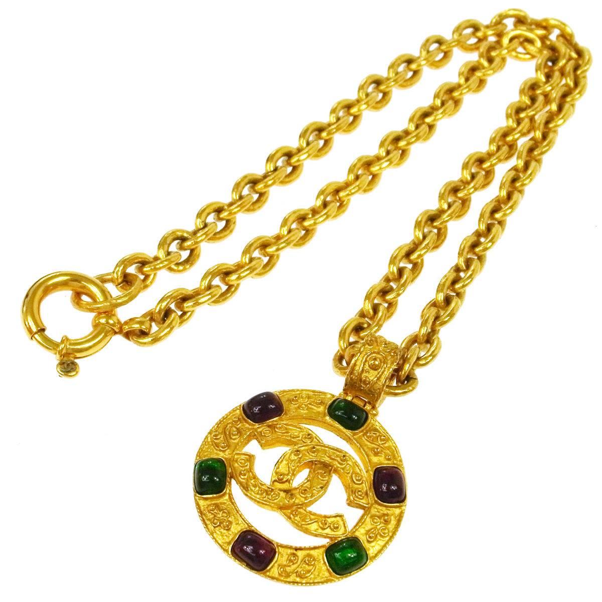 Chanel Vintage Rare Multi Gripoix Gold Coin Charm Evening Drape Necklace in Box