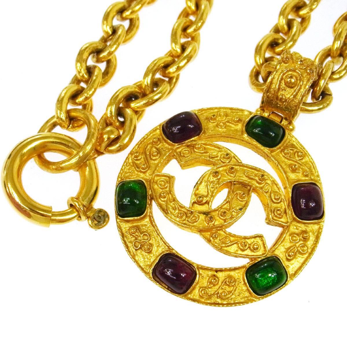 Chanel Vintage Rare Multi Gripoix Gold Coin Charm Evening Drape Necklace in Box 

Gripoix poured glass
Metal
Gold tone
Lobster claw closure
Made in France
Charm measures 2