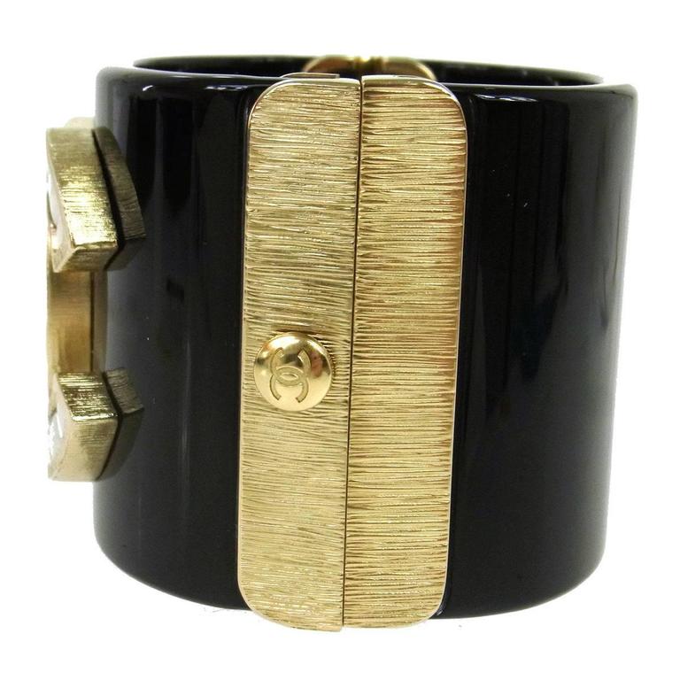Chanel Black Gold Quilted Charm Statement Evening Cuff Bangle Bracelet