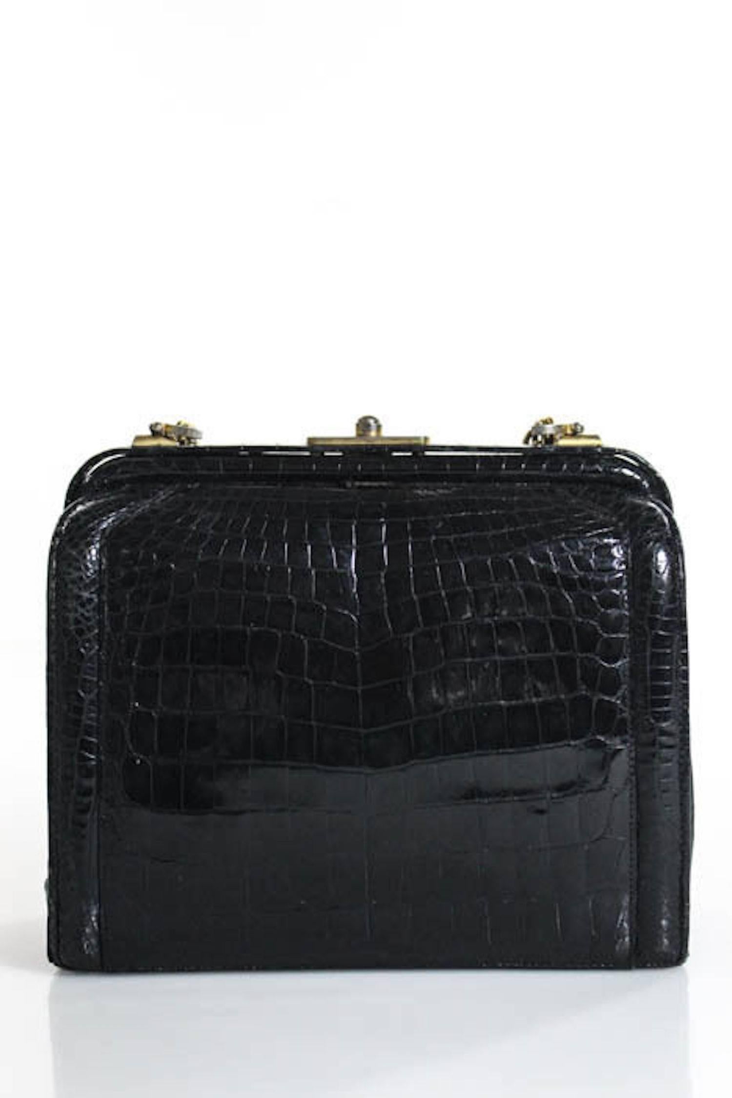 Women's Vintage Black Leather Crocodile Leather Kisslock Evening Flap Shoulder Bag