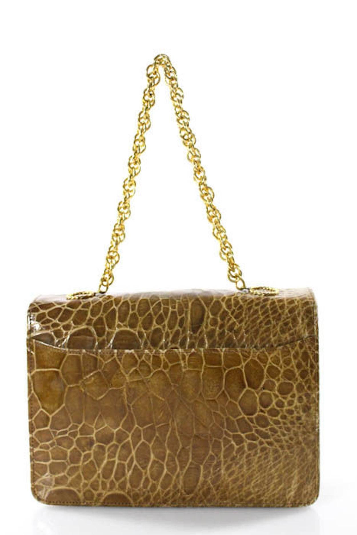 Brown Vintage Cognac Nude Crocodile Gold Evening Top Handle Satchel Shoulder Flap Bag