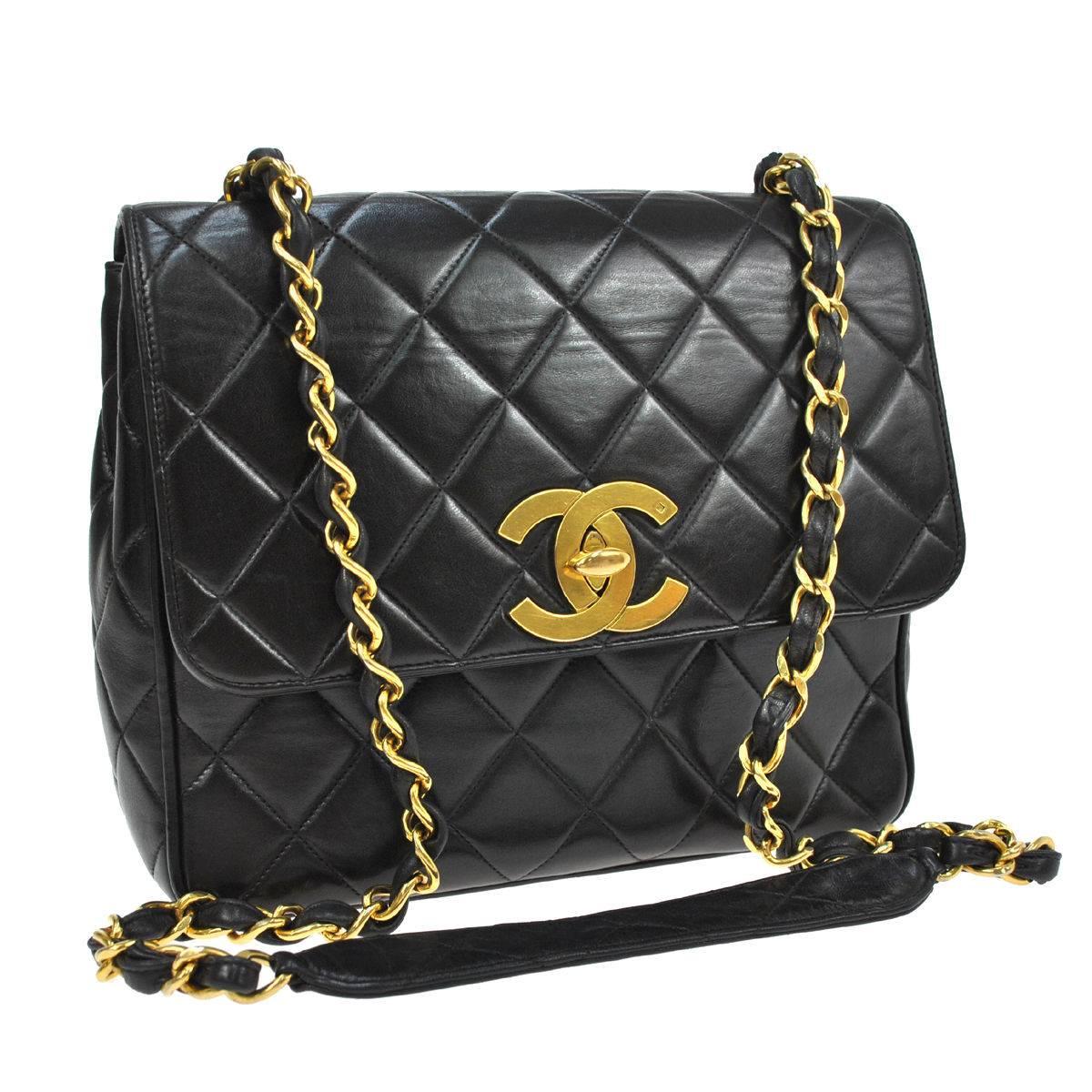 Chanel Black Lambskin Leather Turnlock Shoulder Evening Flap Bag