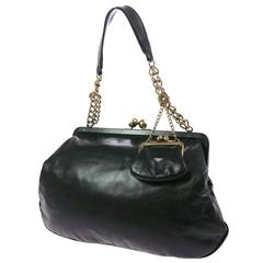 Chanel Black Leather Gold Kisslock Matching Pouch Evening Clutch Shoulder Bag