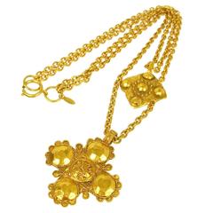 Chanel Vintage Gold Textured Double Cross Charm Lion Drape Necklace in Box