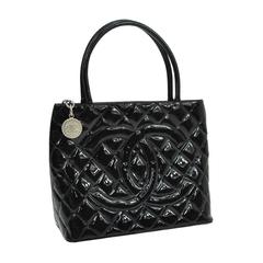Vintage Chanel Black Patent Leather Silver Charm Top Handle Satchel Shoulder Bag