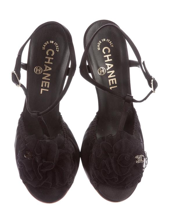 Chanel NEW Black Camellia Flower Front Detail Evening Sandals Heels in ...