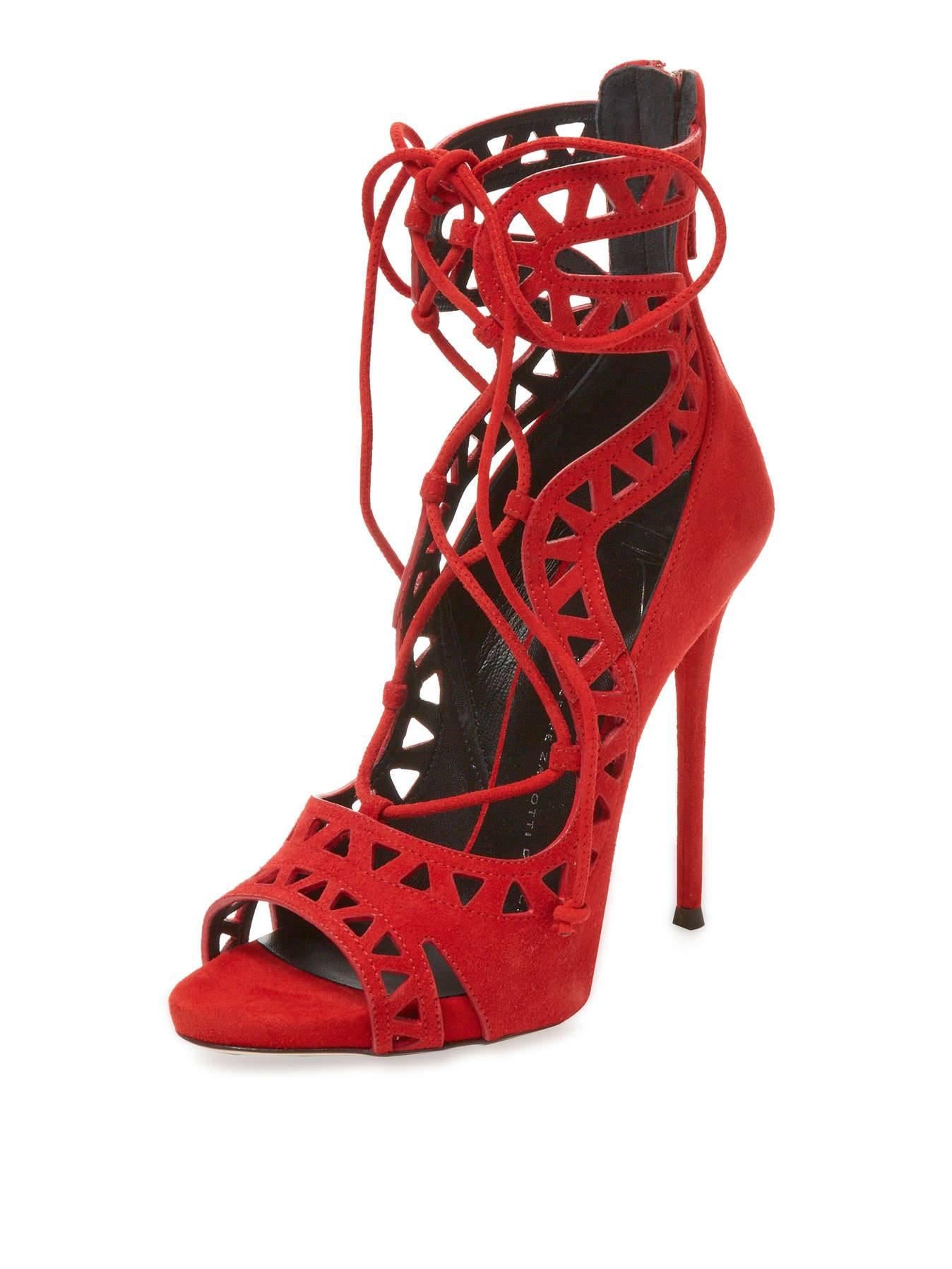 CURATOR'S NOTES  

Giuseppe Zanotti NEW Red Suede Cut Out Lace Up Sandals Heels Booties in Box   

Size IT 36 
Suede  
Zipper back closure 
Lace-up closure 
Made in Italy 
Heel height 5