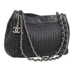 Chanel Black Caviar Leather Charm Drawstring Basket Weave Hobo Shoulder Bag