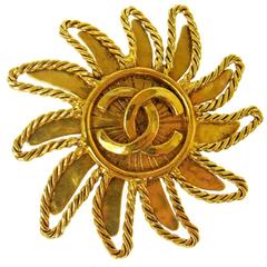 Chanel Vintage Gold Braided Sun Charm Pin Brooch 