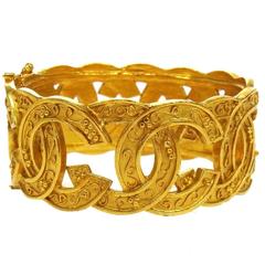 Chanel Vintage Gold Textured Charm Cuff Evening Bracelet 