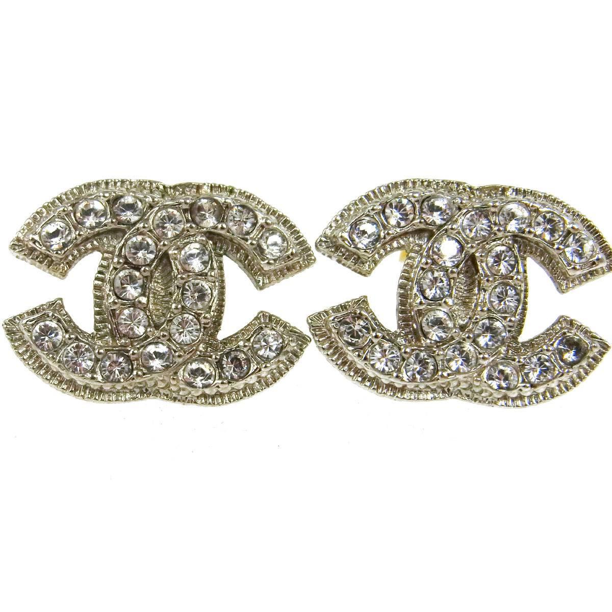 Chanel Silver Textured Rhinestone Jewel Charm Large Evening Stud Earrings