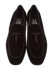 Salvatore Ferragamo NEW Men's Black Velvet Tassel Smoking Slippers Shoes in Box