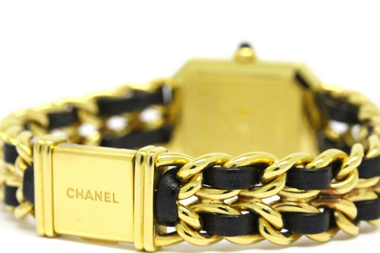 Women's Chanel Vintage Black Gold Leather Chain Link Evening Cuff Bracelet Dress Watch